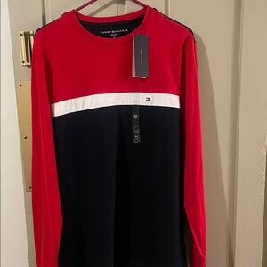 Tommy Hilfiger Men's Red, White, and Navy Long Sleeve Shirt
